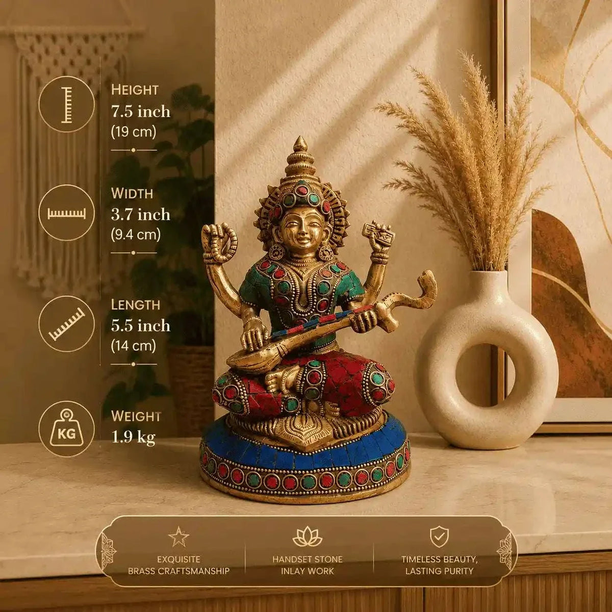 Brass Stone Work Goddess Sitting Saraswati Idol (7.5 Inch) Vedansh Craft