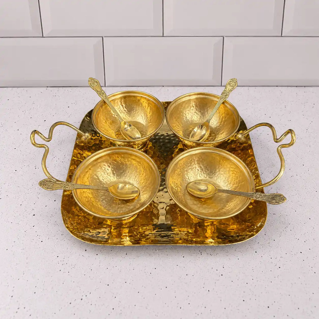 Brass Hammered Serving Tray / Platter With Bowl and Spoon Set With Velvet Box Vedansh Craft