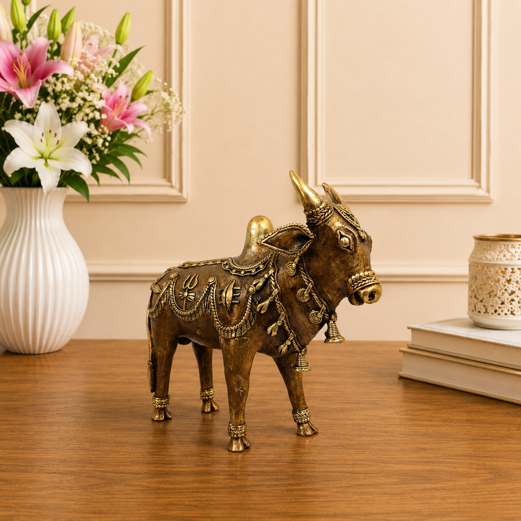 Brass Dhokra Standing Nandi Idol (7 Inch) Vedansh Craft