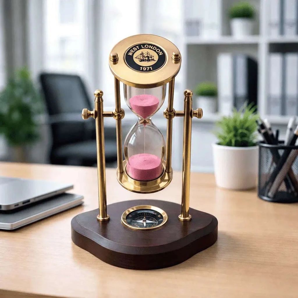 Brass Rotating Sand Clock With Compass And Wooden Stand Vedansh Craft