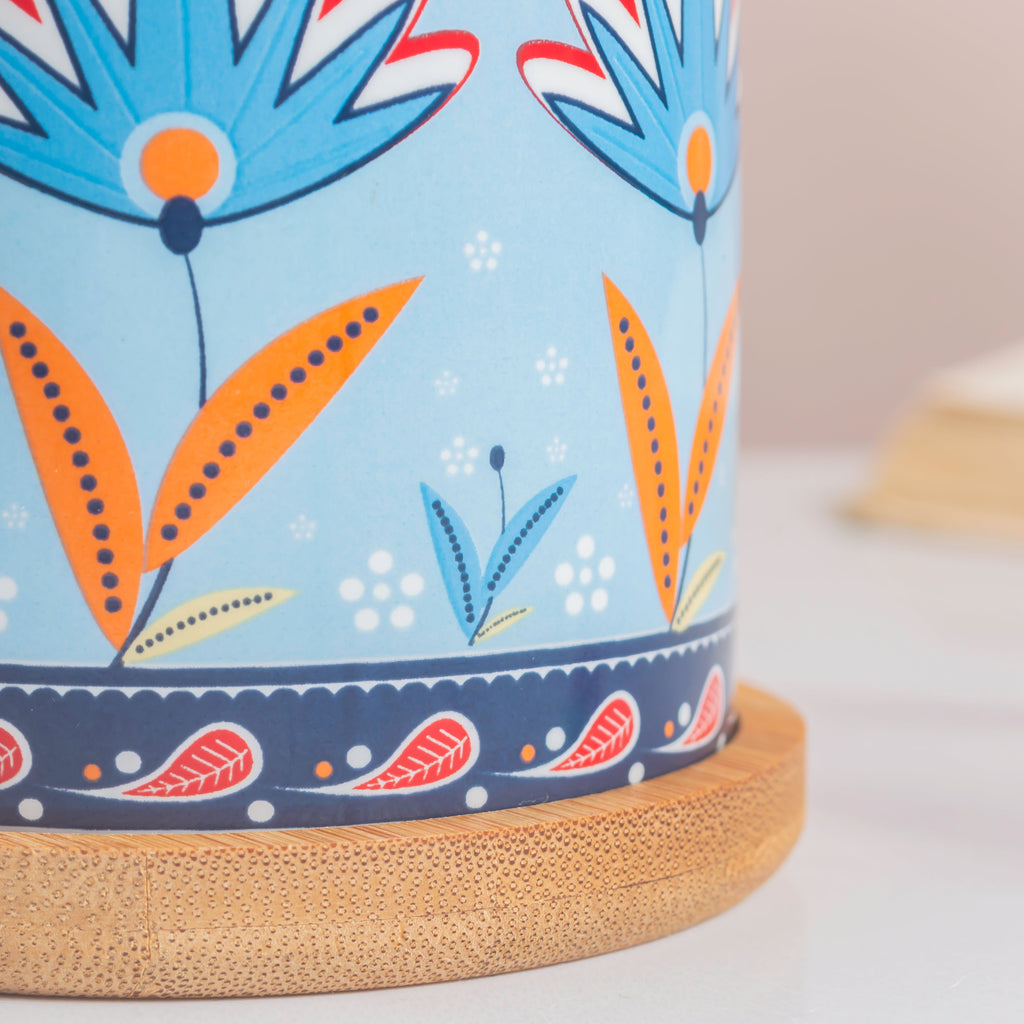 Cerulean Bloom Botanical Planter With Wooden Coaster Nestasia