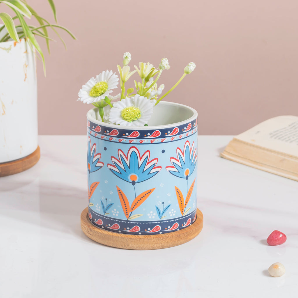 Cerulean Bloom Botanical Planter With Wooden Coaster Nestasia