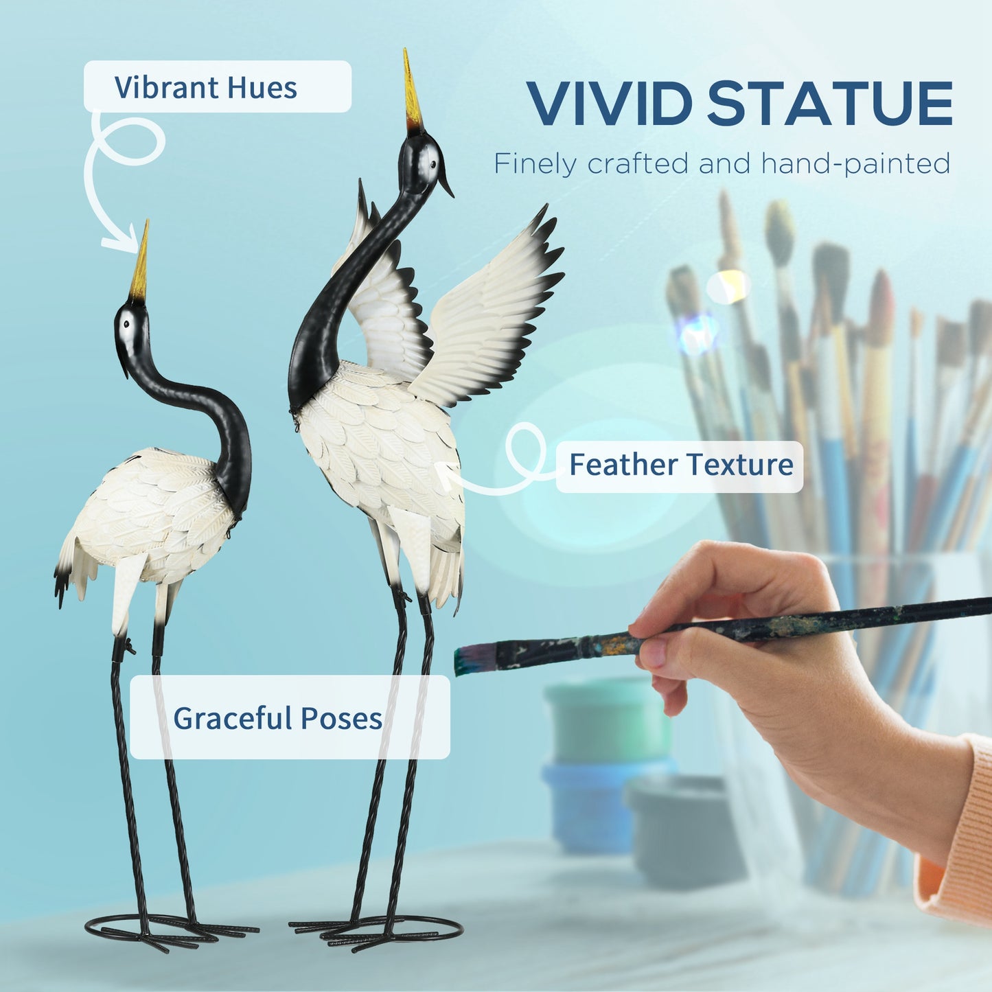 Set of 2 Garden Sculptures, Heron Garden Statues for Lawn, Patio, Backyard Decoration, 35.5" & 40.5", White & Black