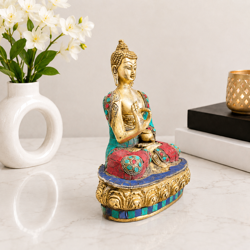 Brass Stone Work Blessing Sitting Buddha Statue Vedansh Craft