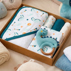 Baby Dino Gift Hamper With Towel Swaddle Napkin Rattle Set Of 6 Nestasia