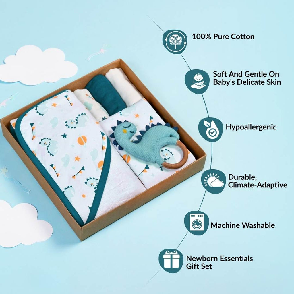 Baby Dino Gift Hamper With Towel Swaddle Napkin Rattle Set Of 6 Nestasia