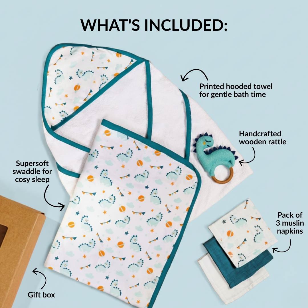 Baby Dino Gift Hamper With Towel Swaddle Napkin Rattle Set Of 6 Nestasia