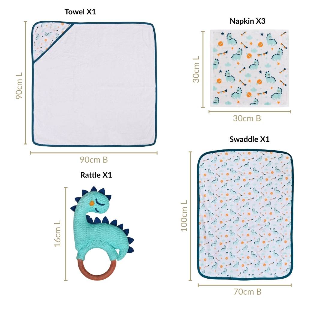 Baby Dino Gift Hamper With Towel Swaddle Napkin Rattle Set Of 6 Nestasia
