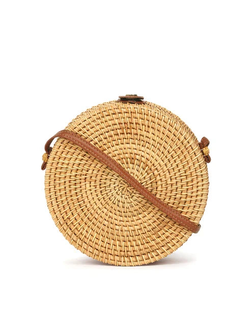 Handwoven Round Rattan Sling Bag for Beach, Travel, and Casual Outfits