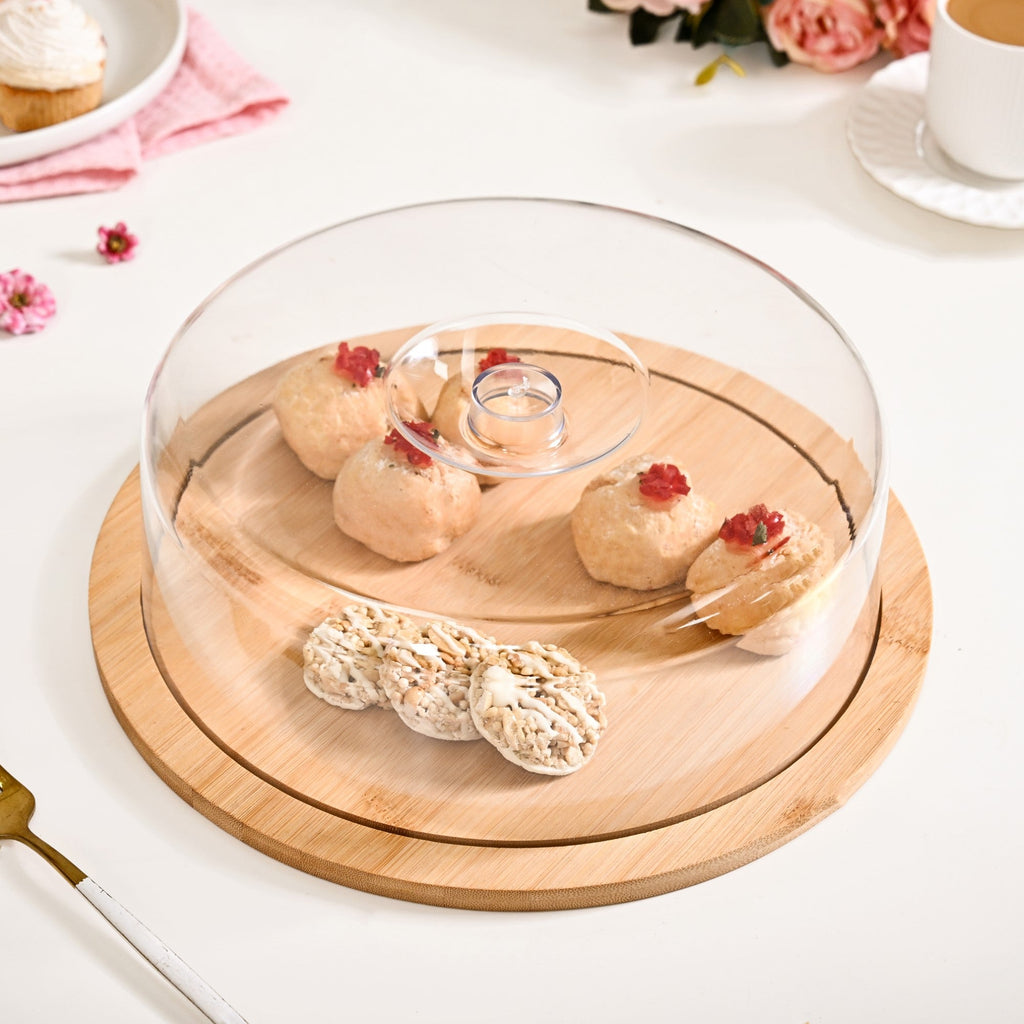 Bamboo Wood Cake Stand With Cloche 25cm Nestasia