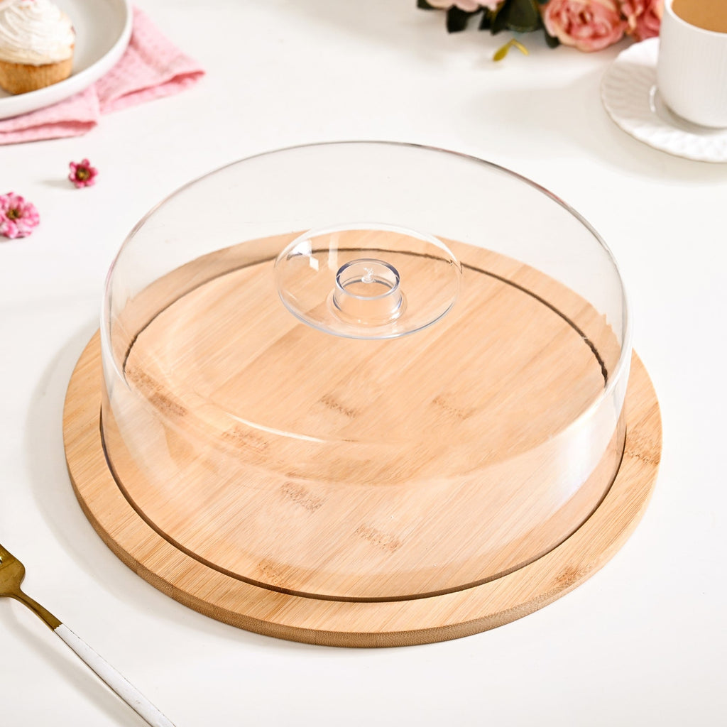 Bamboo Wood Cake Stand With Cloche 25cm Nestasia