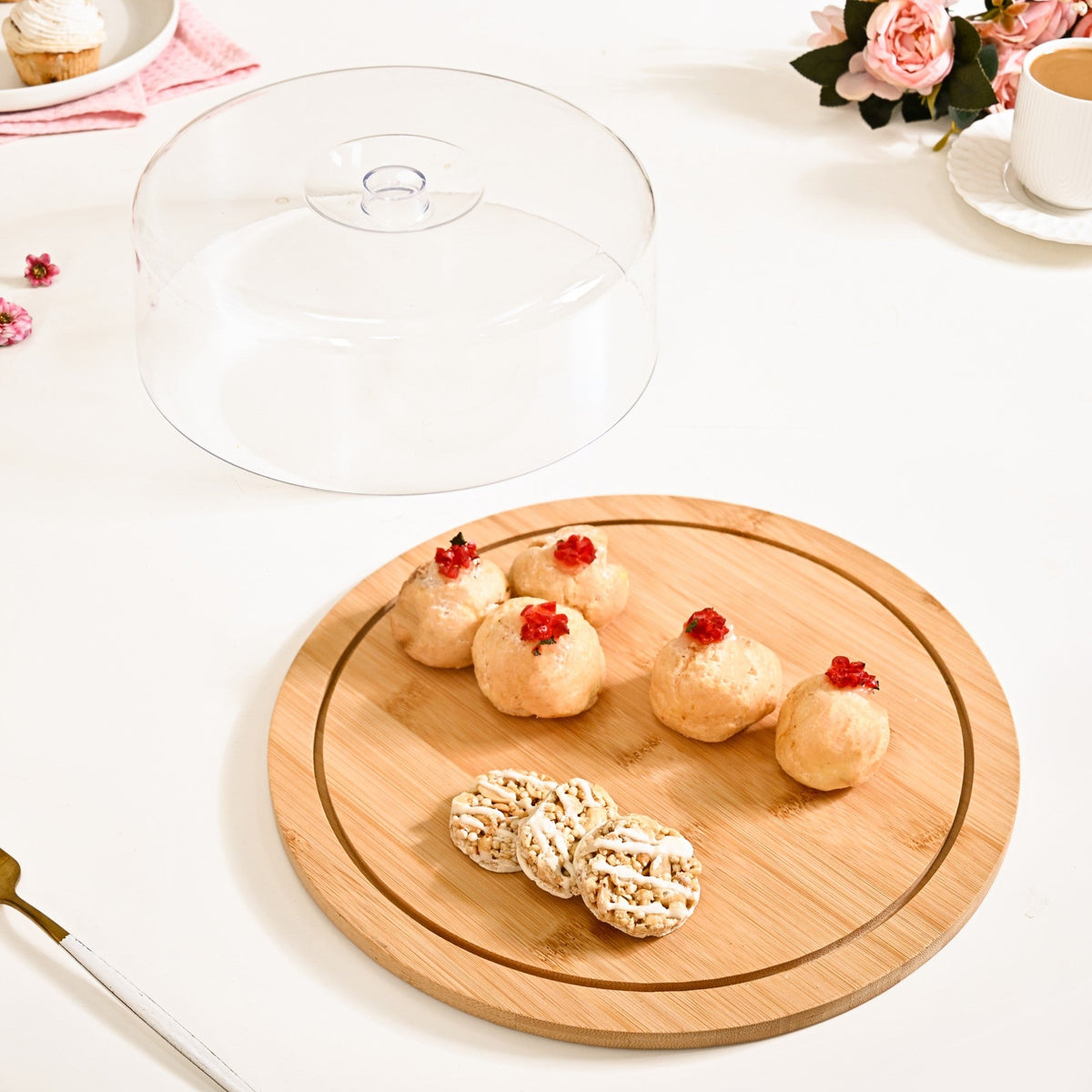 Bamboo Wood Cake Stand With Cloche 25cm Nestasia
