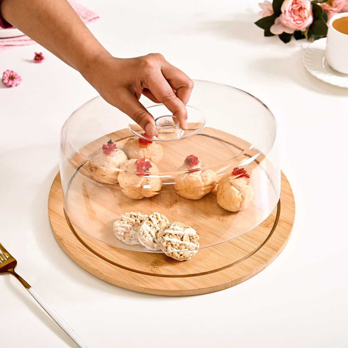 Bamboo Wood Cake Stand With Cloche 25cm Nestasia