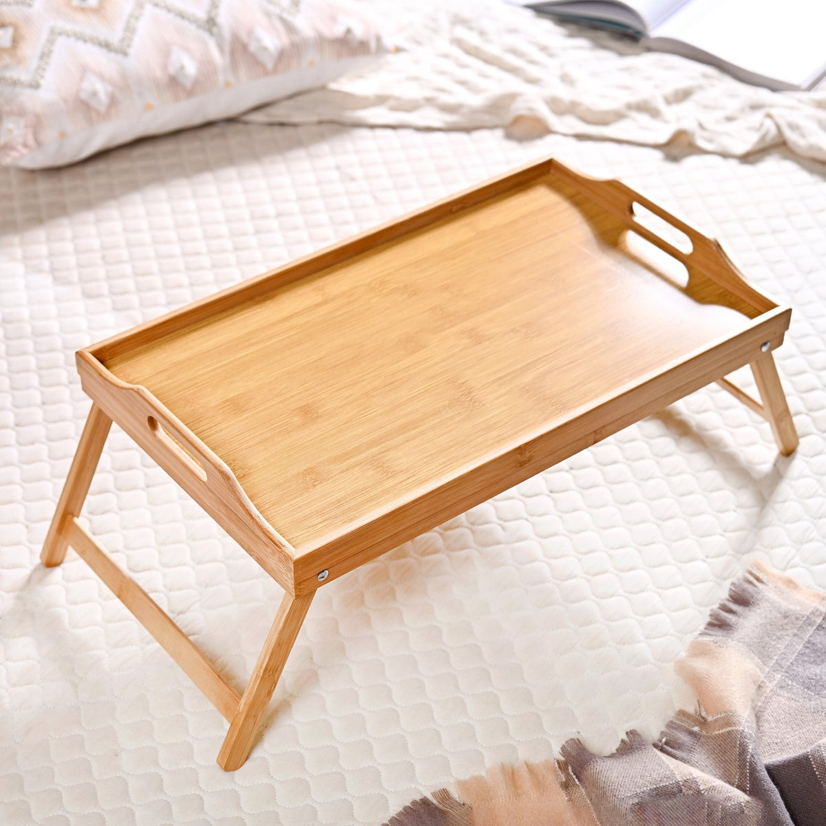 Bamboo Wood Bed Table With Foldable Legs Nestasia