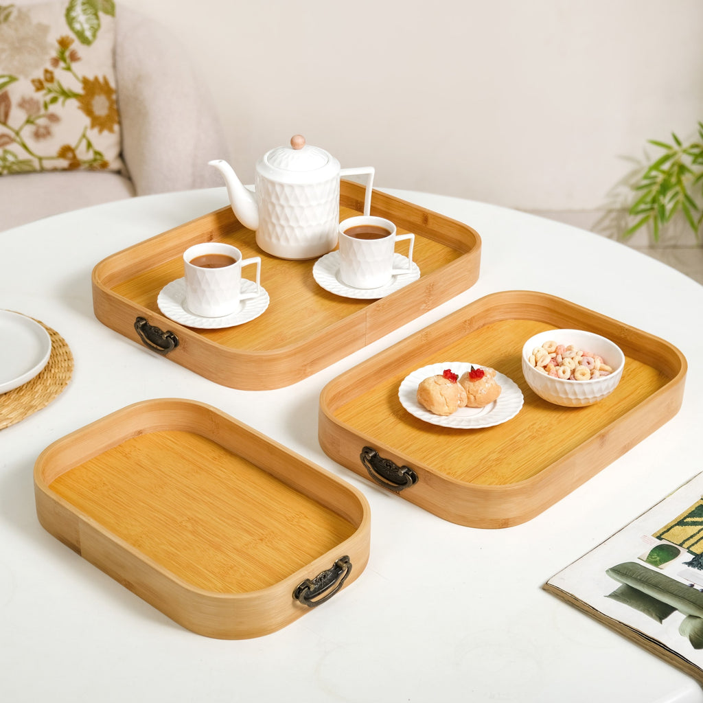 Set Of 3 Bamboo Wood Serving Trays With Handles Nestasia