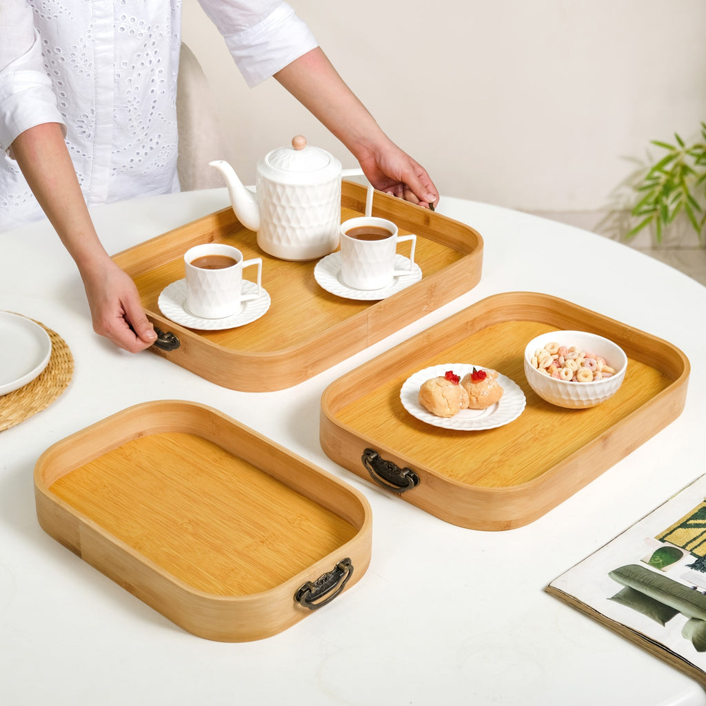 Set Of 3 Bamboo Wood Serving Trays With Handles Nestasia