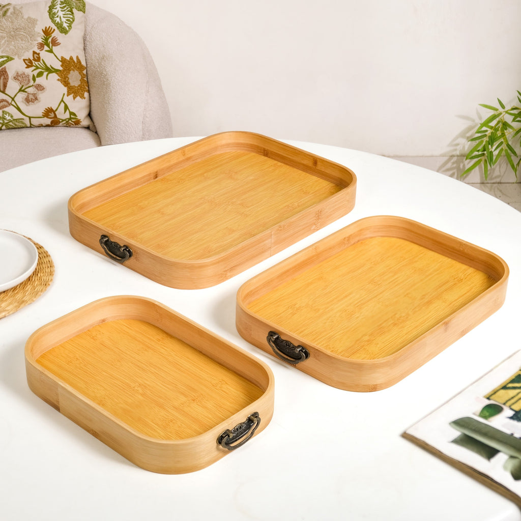 Set Of 3 Bamboo Wood Serving Trays With Handles Nestasia