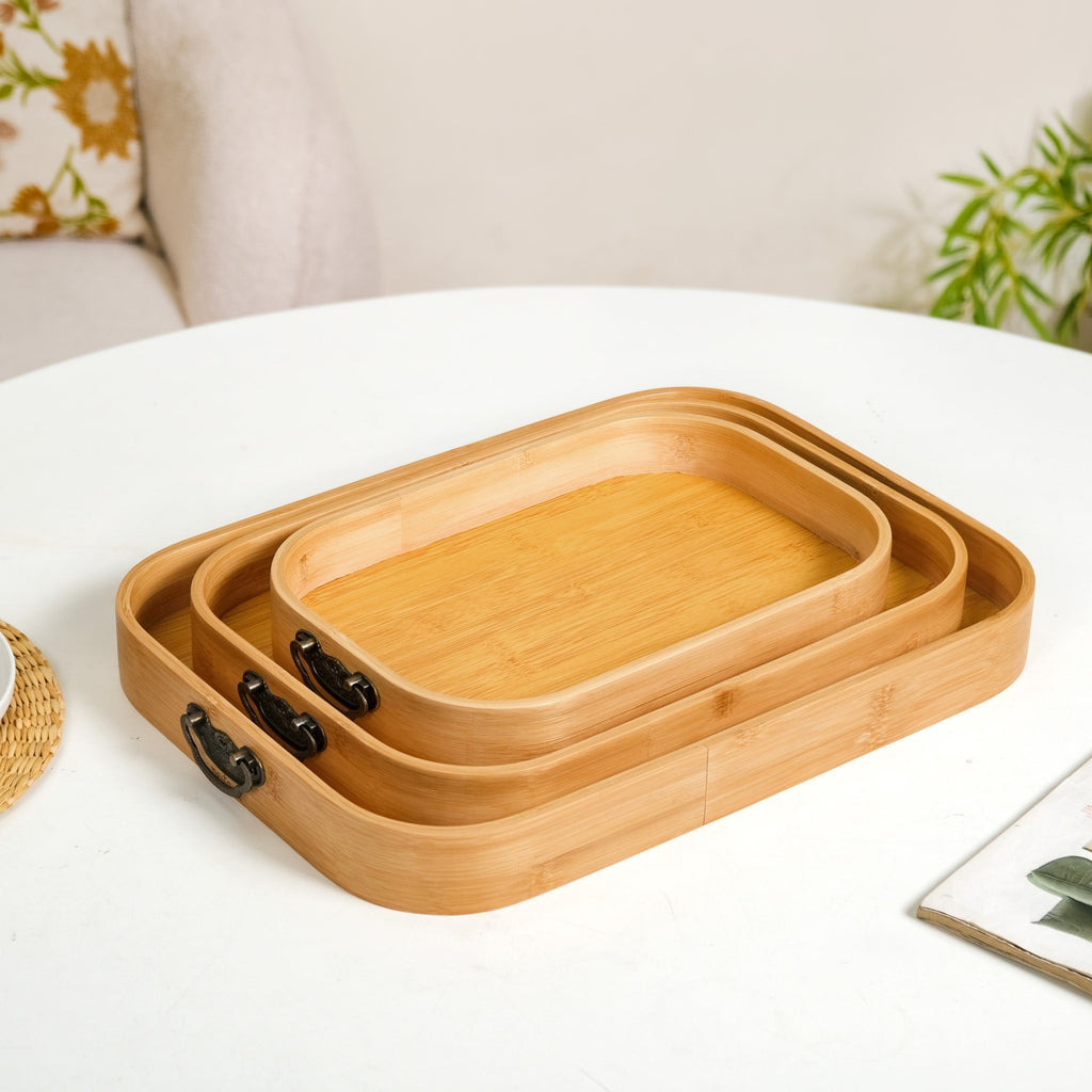 Set Of 3 Bamboo Wood Serving Trays With Handles Nestasia