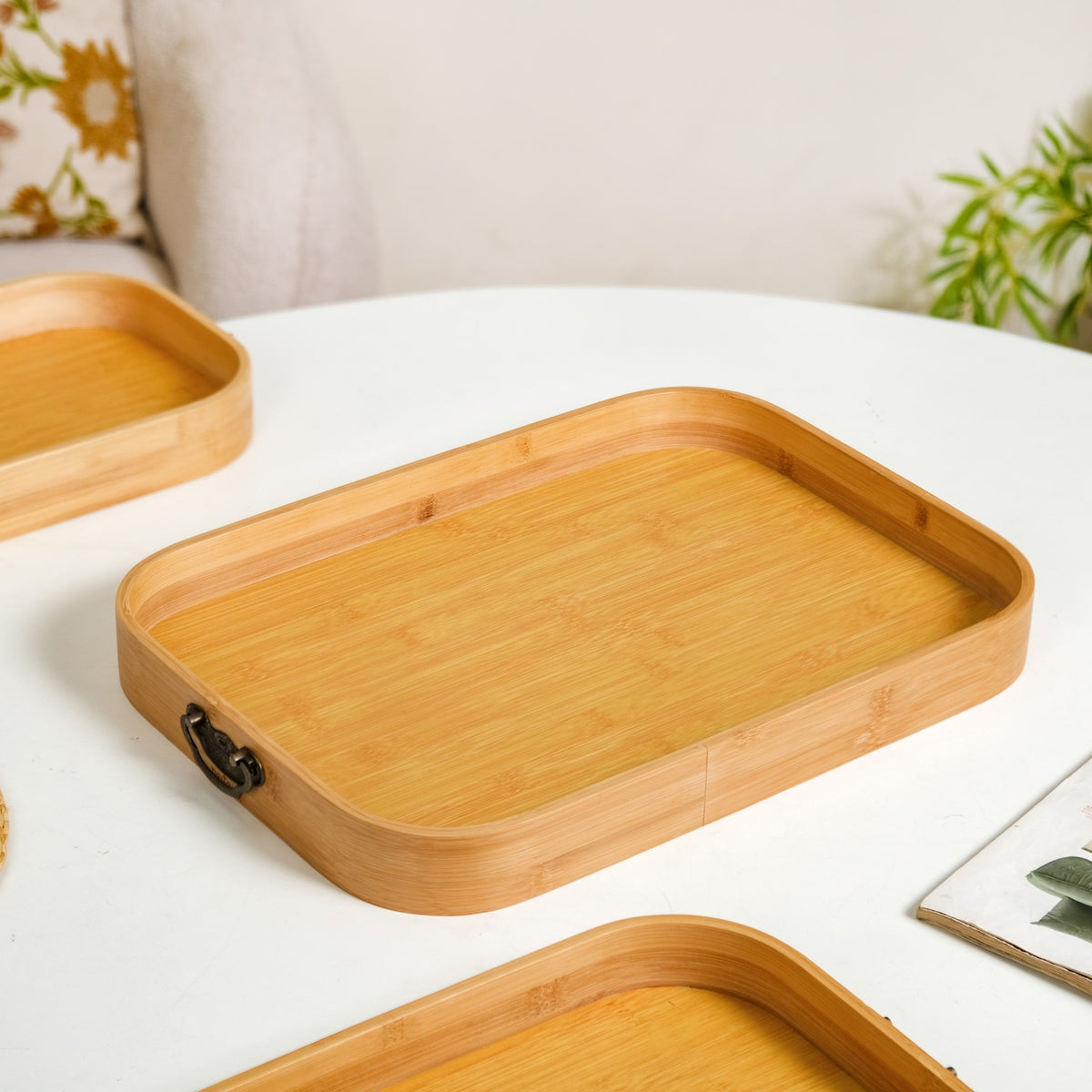 Set Of 3 Bamboo Wood Serving Trays With Handles Nestasia