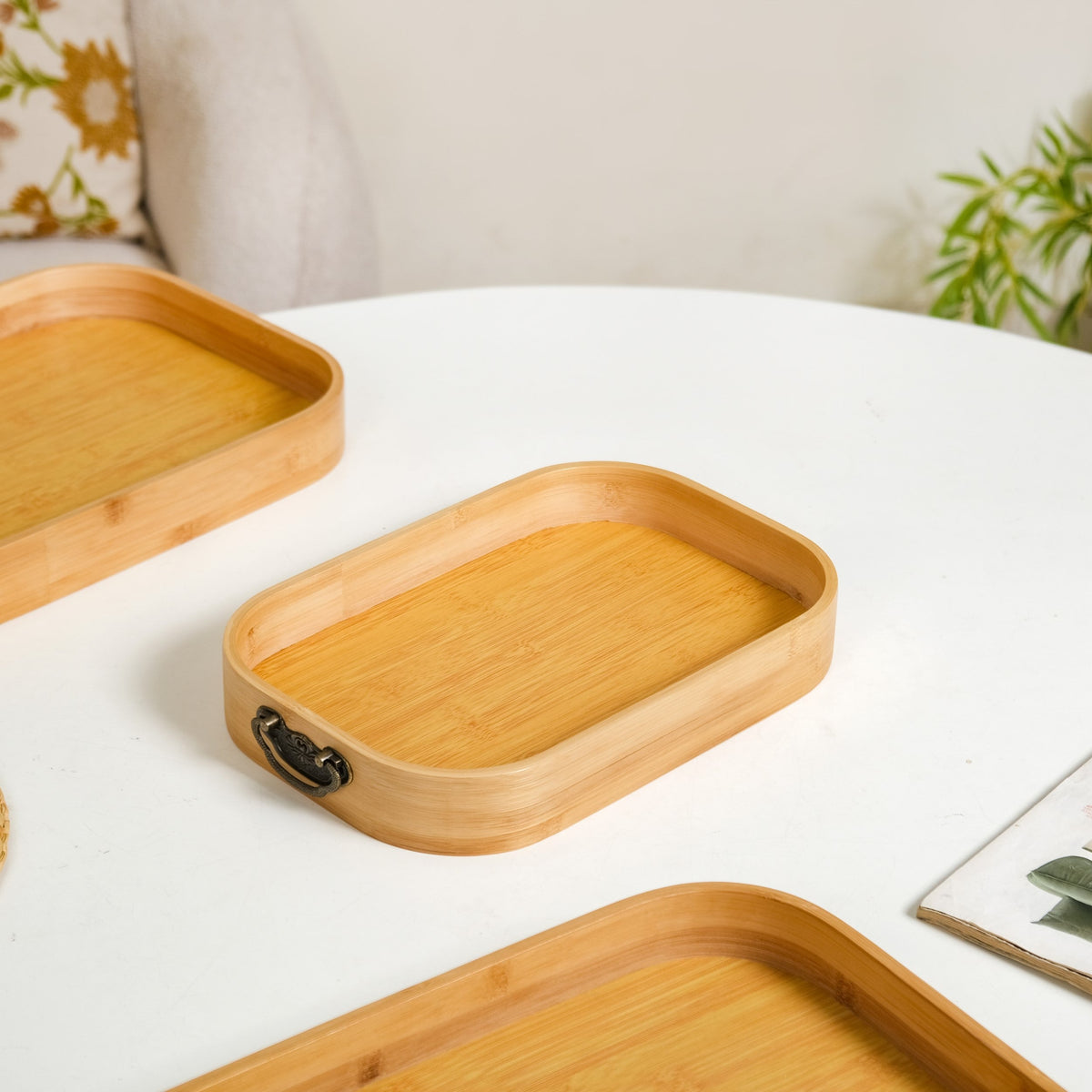 Set Of 3 Bamboo Wood Serving Trays With Handles Nestasia
