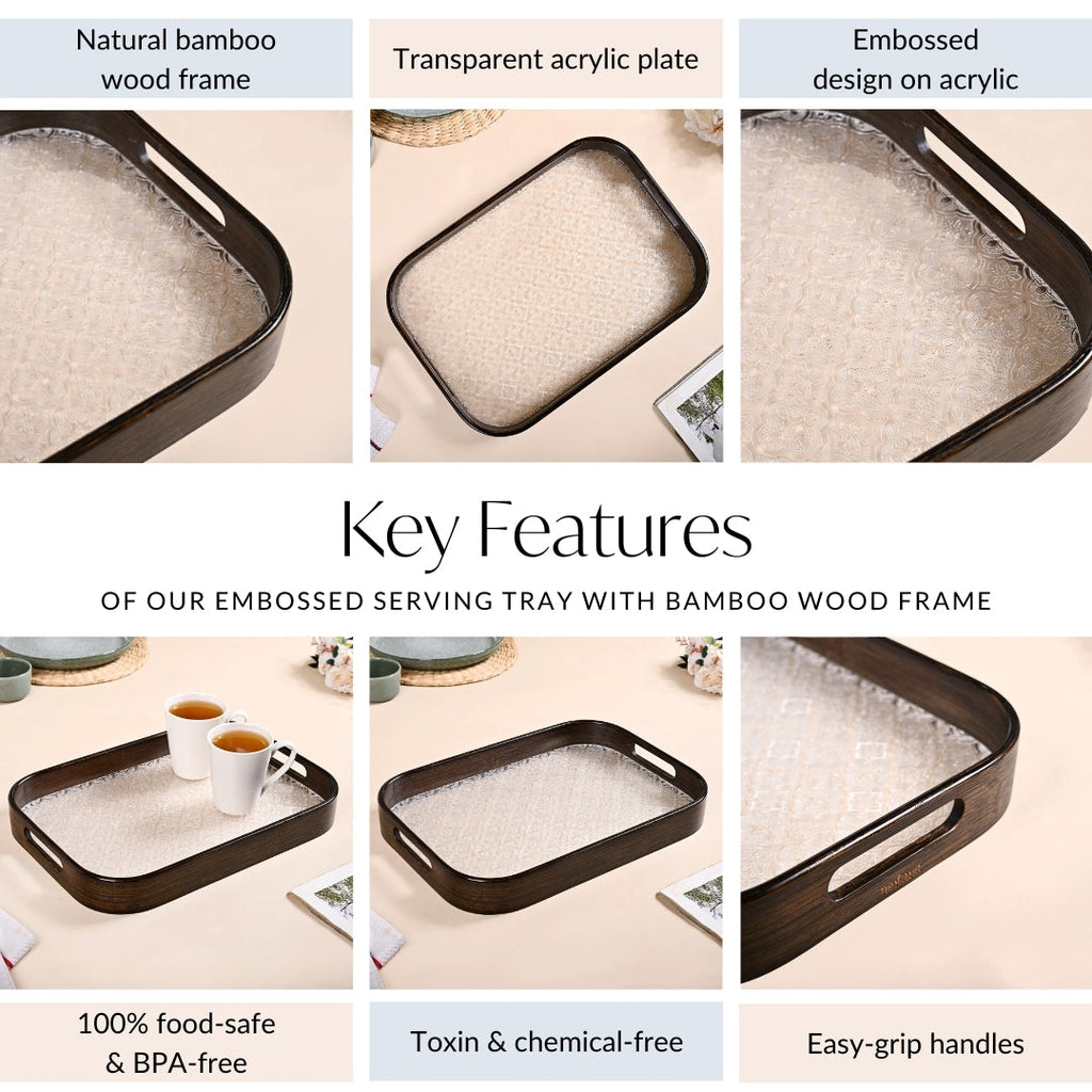 Embossed Serving Tray With Bamboo Wood Frame Nestasia