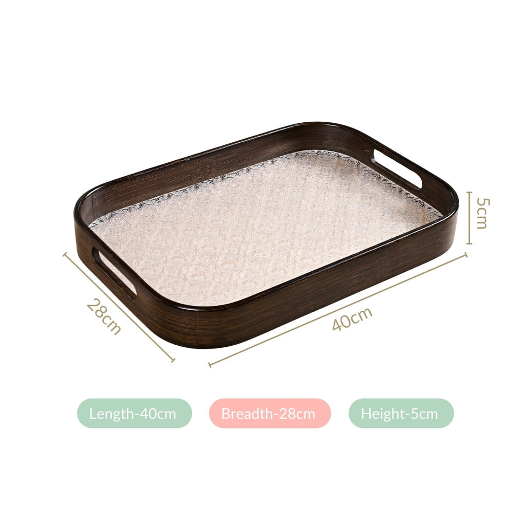 Embossed Serving Tray With Bamboo Wood Frame Nestasia