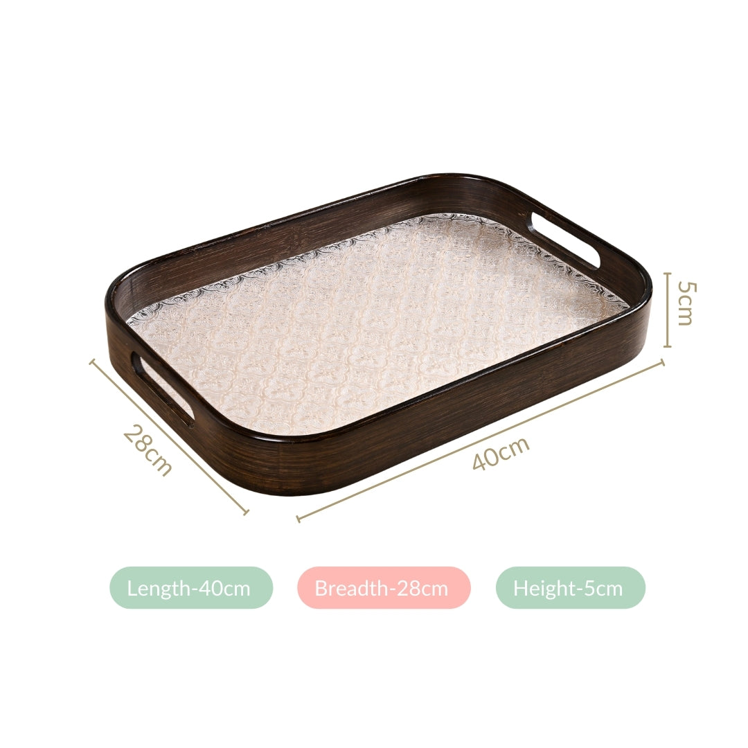 Embossed Serving Tray With Bamboo Wood Frame Nestasia