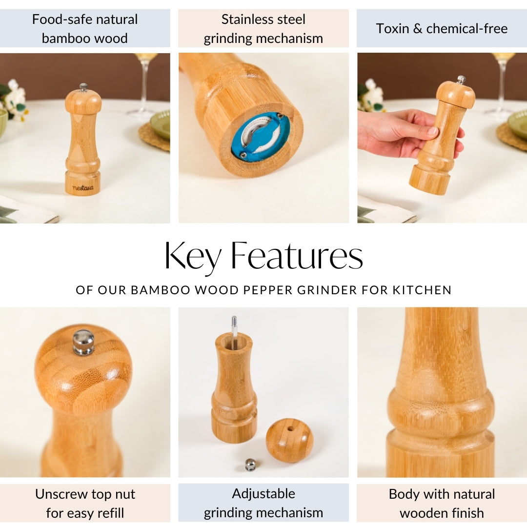 Bamboo Wood Pepper Grinder For Kitchen Nestasia