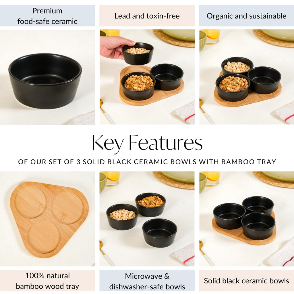 Black Ceramic Bowls Set Of 3 With Bamboo Tray 200ml Nestasia