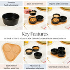 Black Ceramic Bowls Set Of 3 With Bamboo Tray 200ml Nestasia