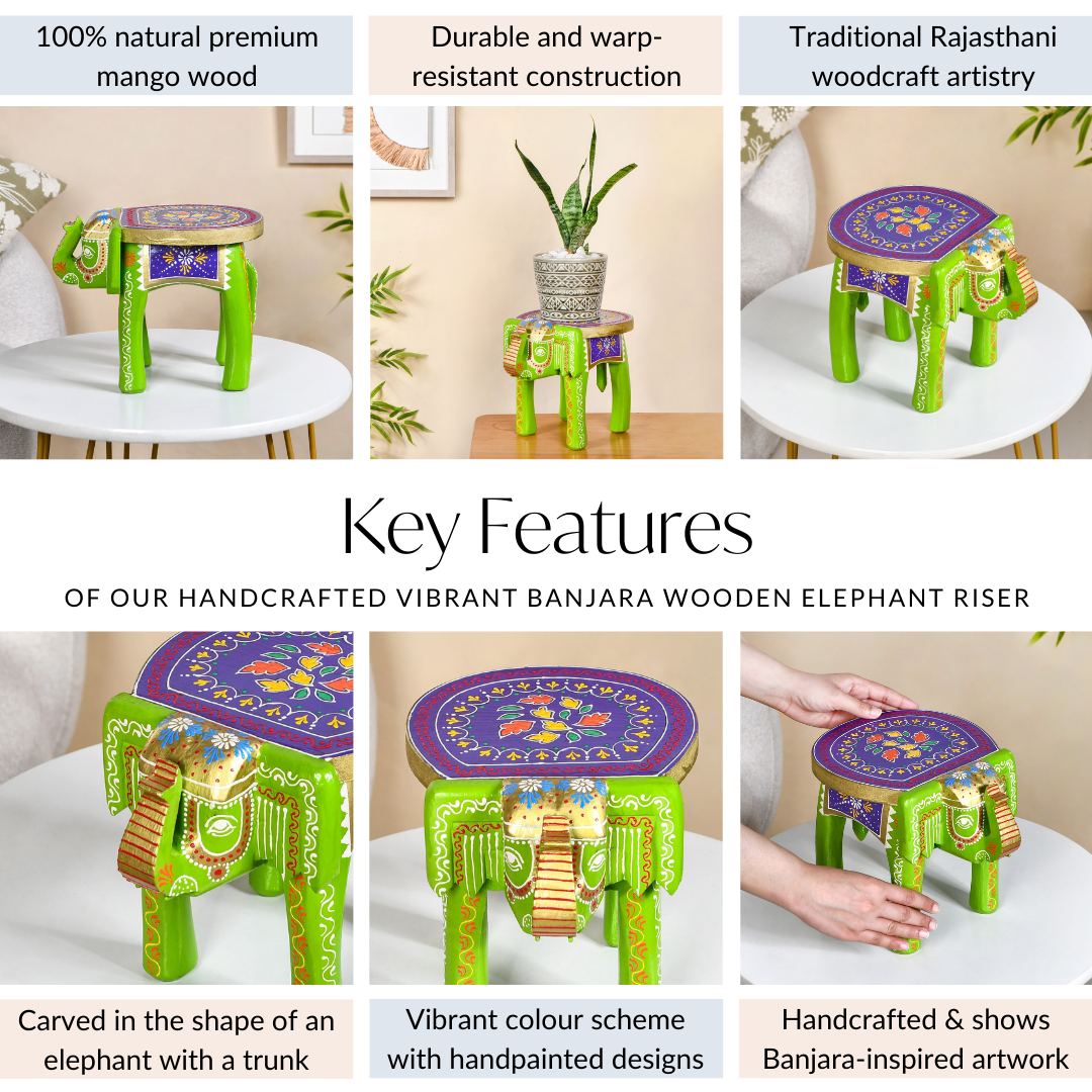 Handcrafted Vibrant Banjara Wooden Elephant Riser Nestasia