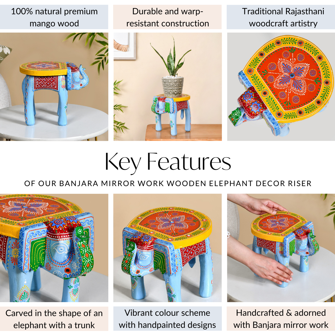 Banjara Mirror Work Wooden Elephant Decor Riser Nestasia