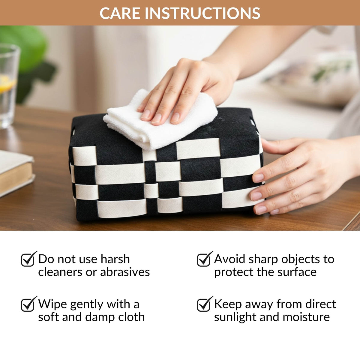 Basket Weave Vegan Leather Tissue Box Black And Beige Nestasia