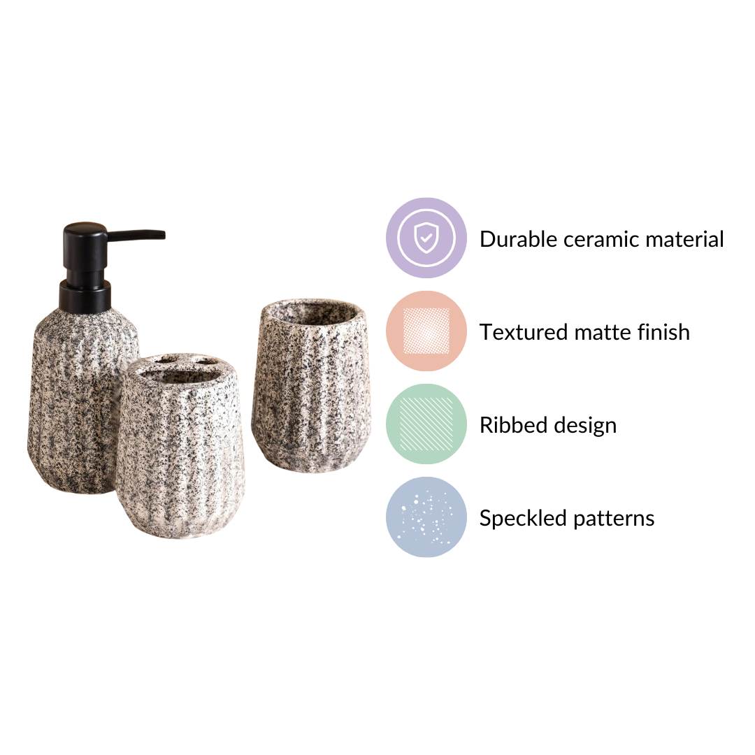 Granite Finish Ceramic Bathroom Set Of 3 Grey Matte Black Nestasia