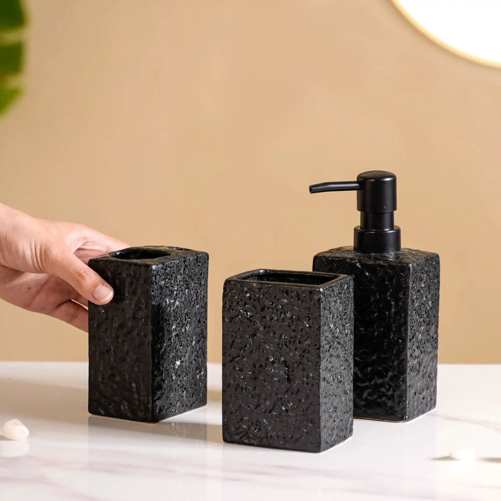 Black Ceramic Bath Set Of 3 Stone Textured Nestasia