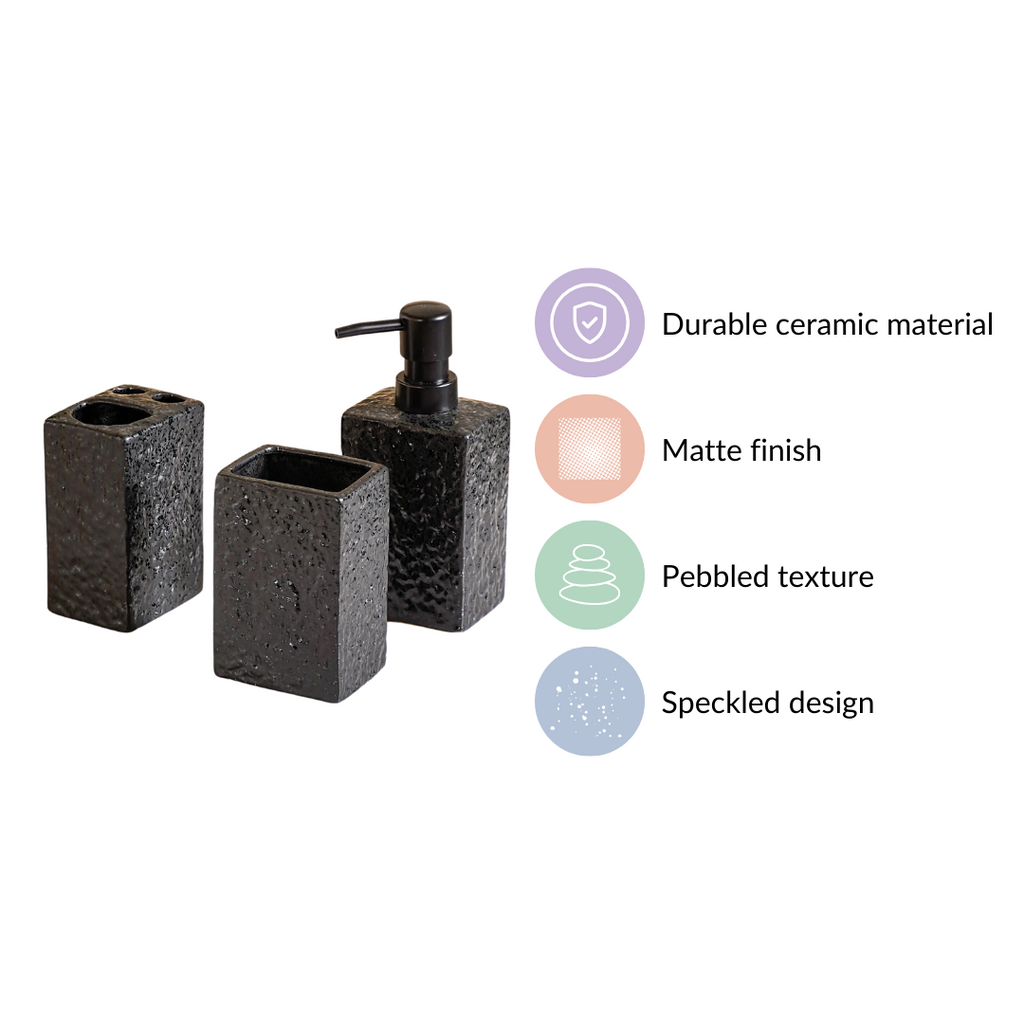Black Ceramic Bath Set Of 3 Stone Textured Nestasia