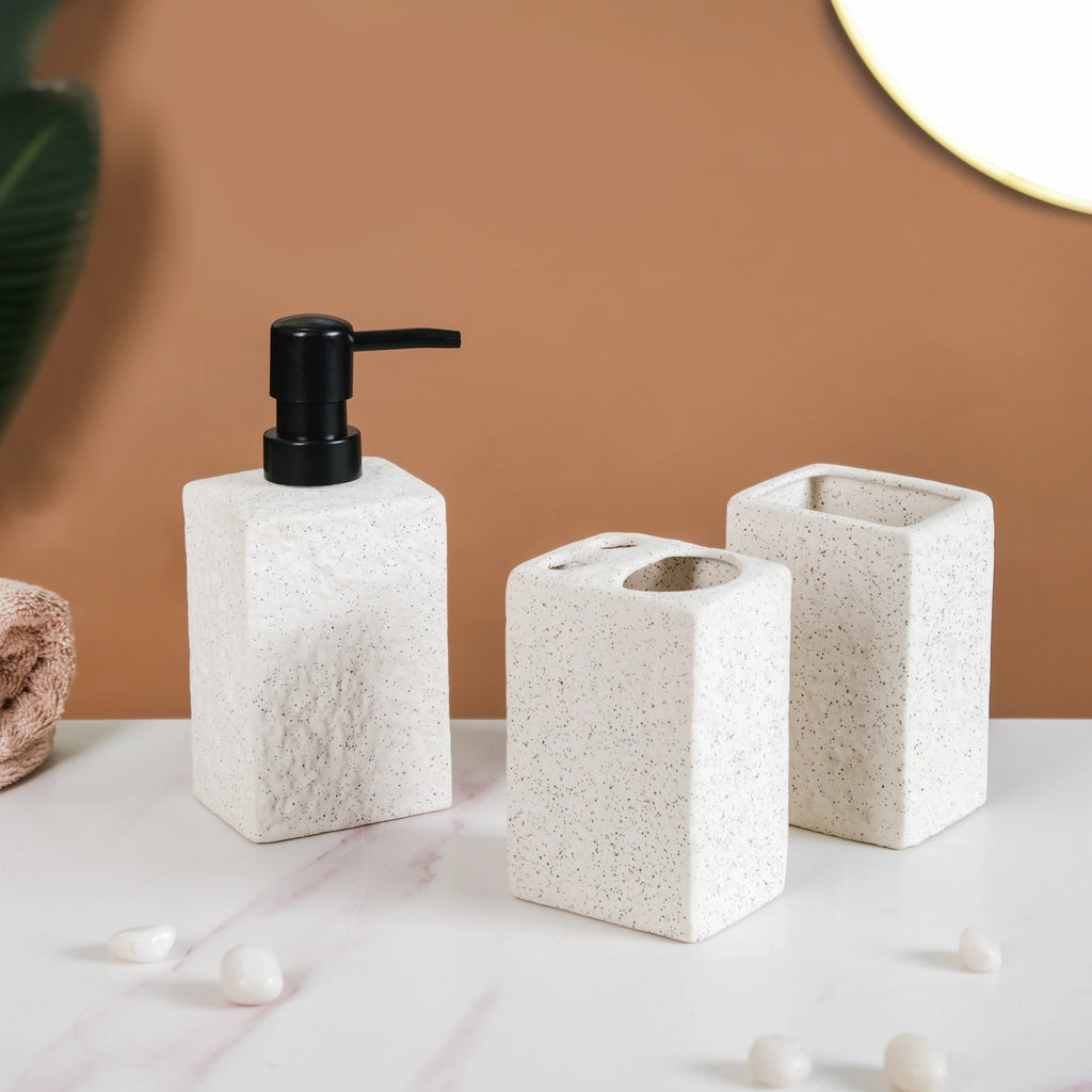 White Stone Bathroom Accessories Set Of 3 Nestasia