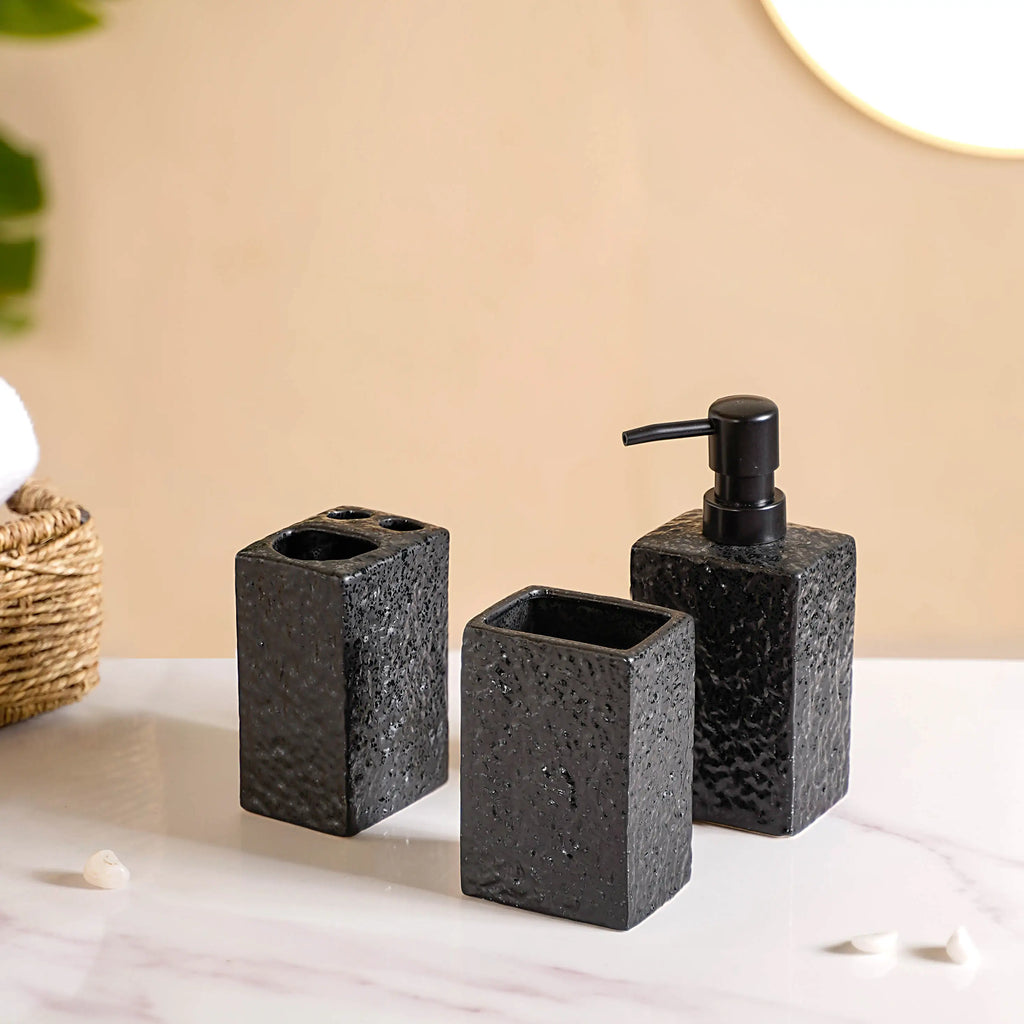 Black Ceramic Bath Set Of 3 Stone Textured Nestasia