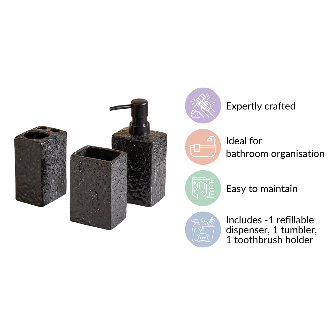 Black Ceramic Bath Set Of 3 Stone Textured Nestasia