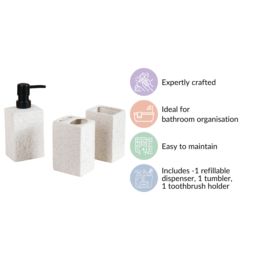 White Stone Bathroom Accessories Set Of 3 Nestasia