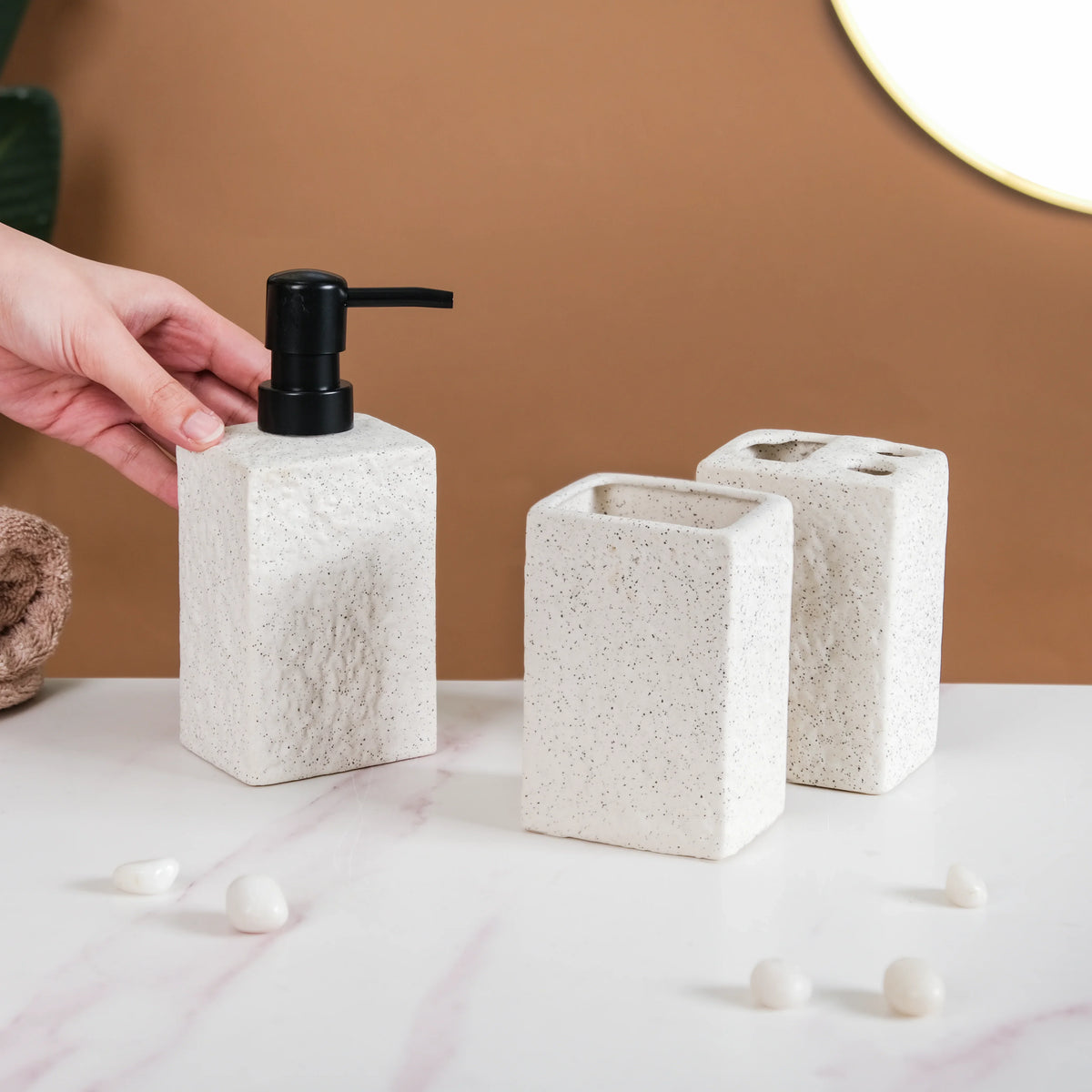 White Stone Bathroom Accessories Set Of 3 Nestasia