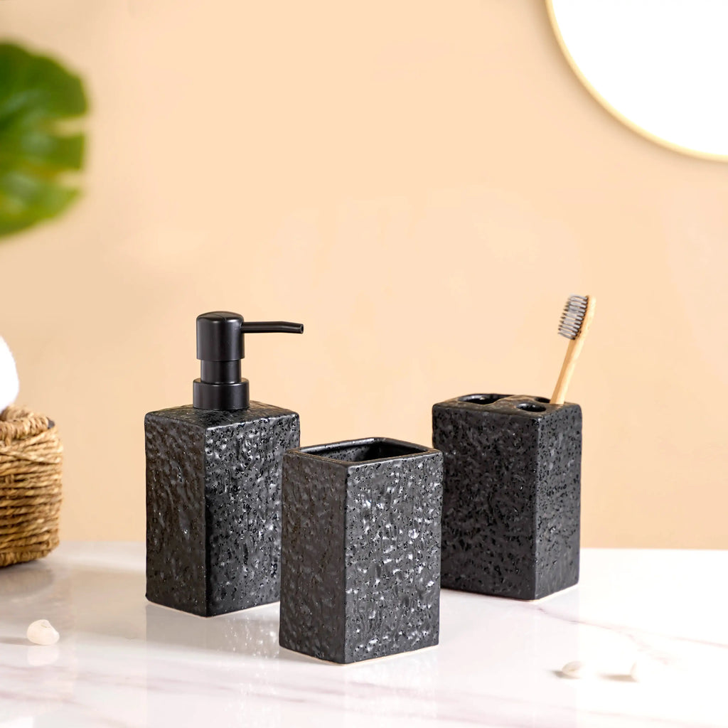 Black Ceramic Bath Set Of 3 Stone Textured Nestasia