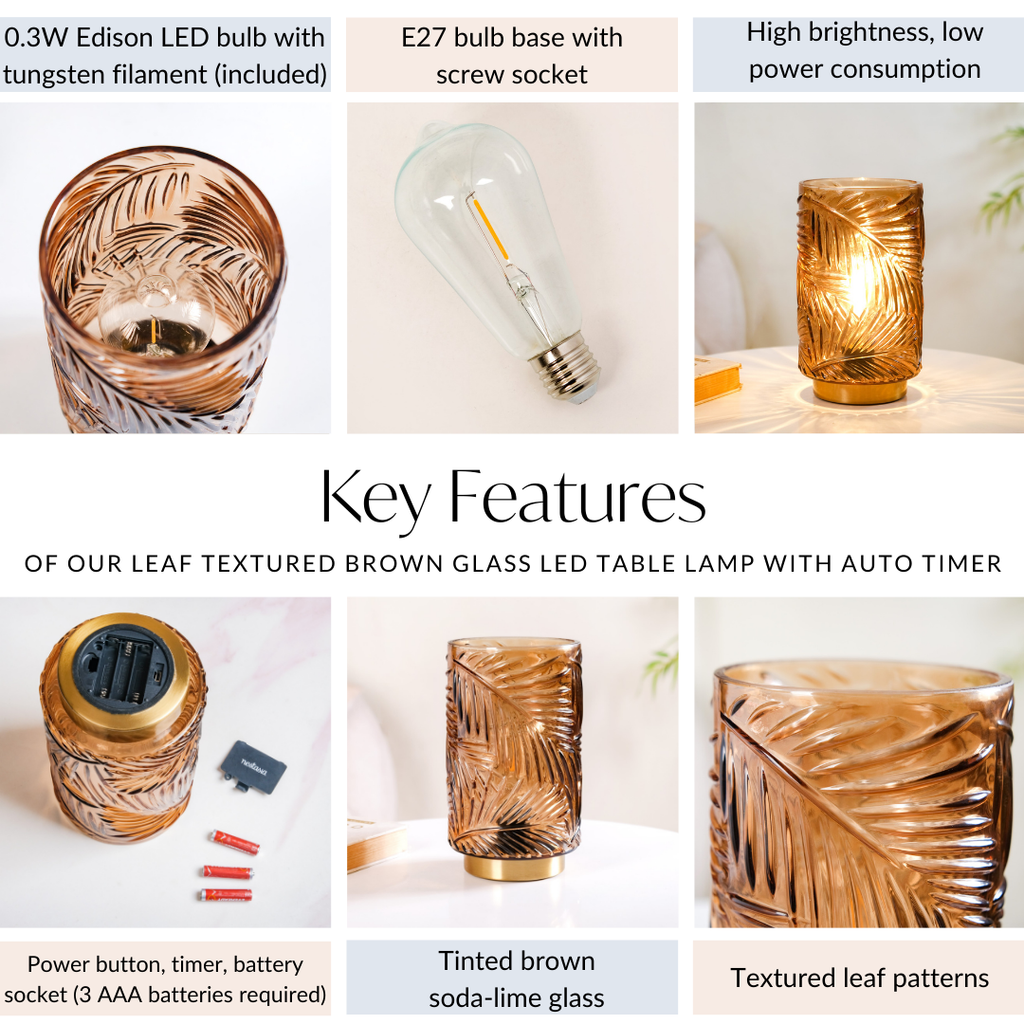 Palm Leaf Brown Glass LED Table Lamp With Auto Timer Nestasia