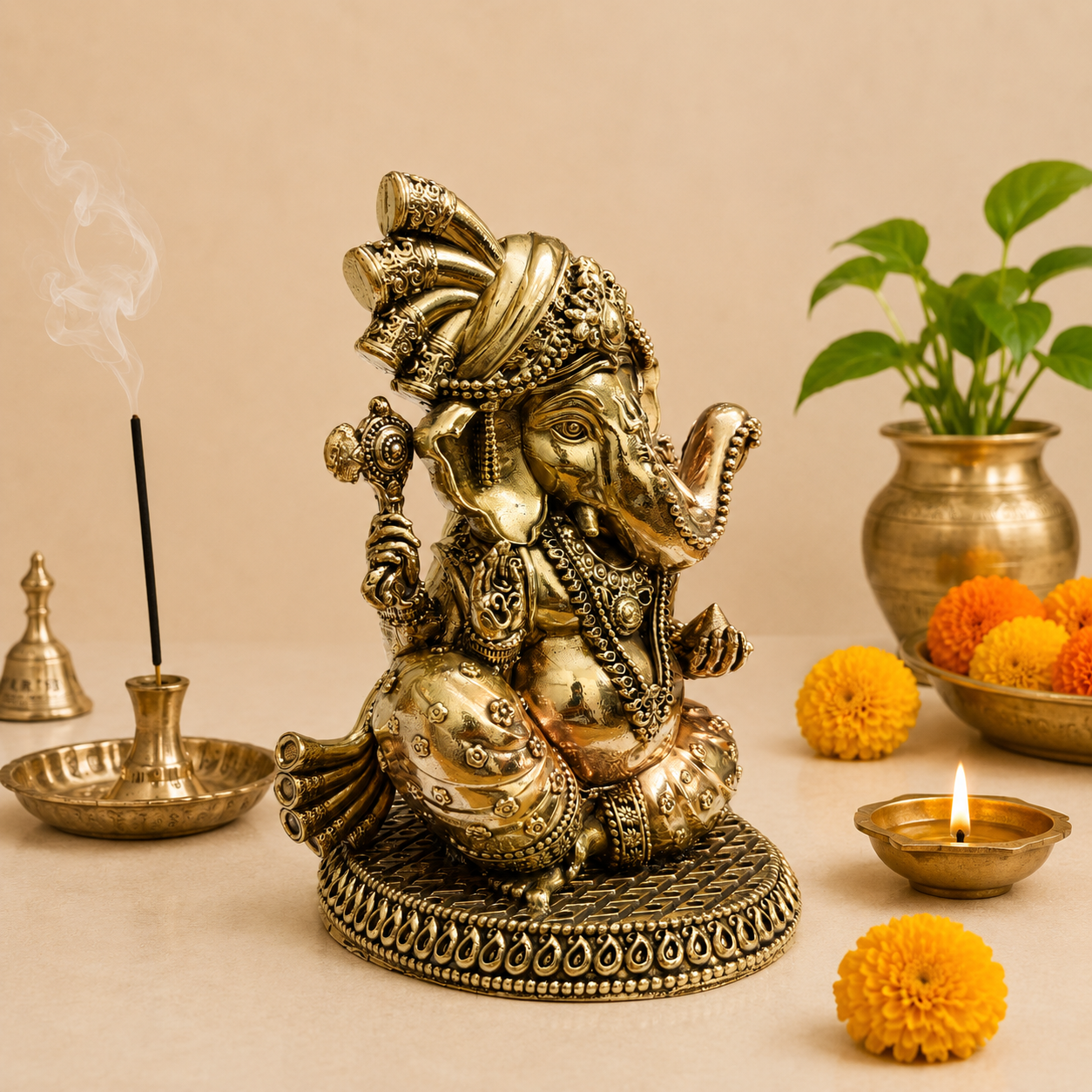 Brass Lightweight Sitting Pagdi Ganesha Idol (5 Inch) Vedansh Craft
