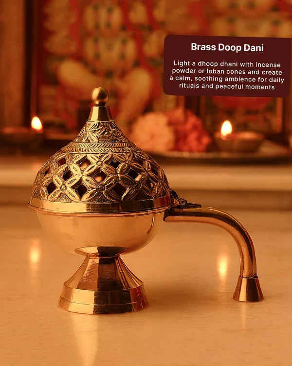 Brass Dhoop Dani for Aarti and Puja with Elegant Sambrani and Loban Holder