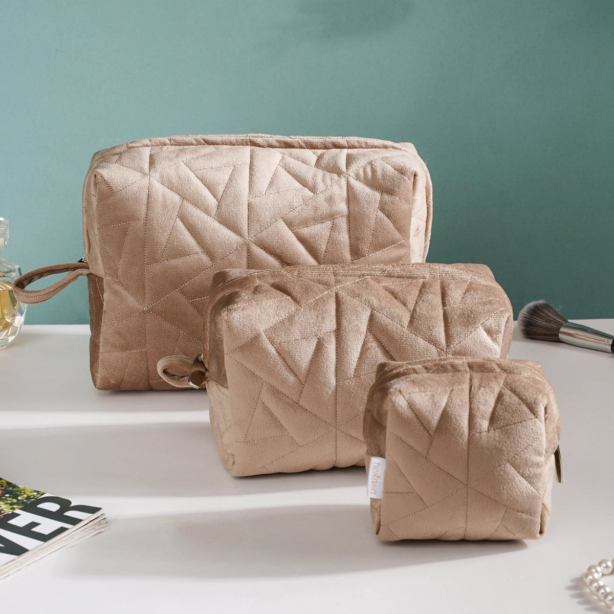 Beige Blossom Vanity Pouch Set Of 3 Nestasia