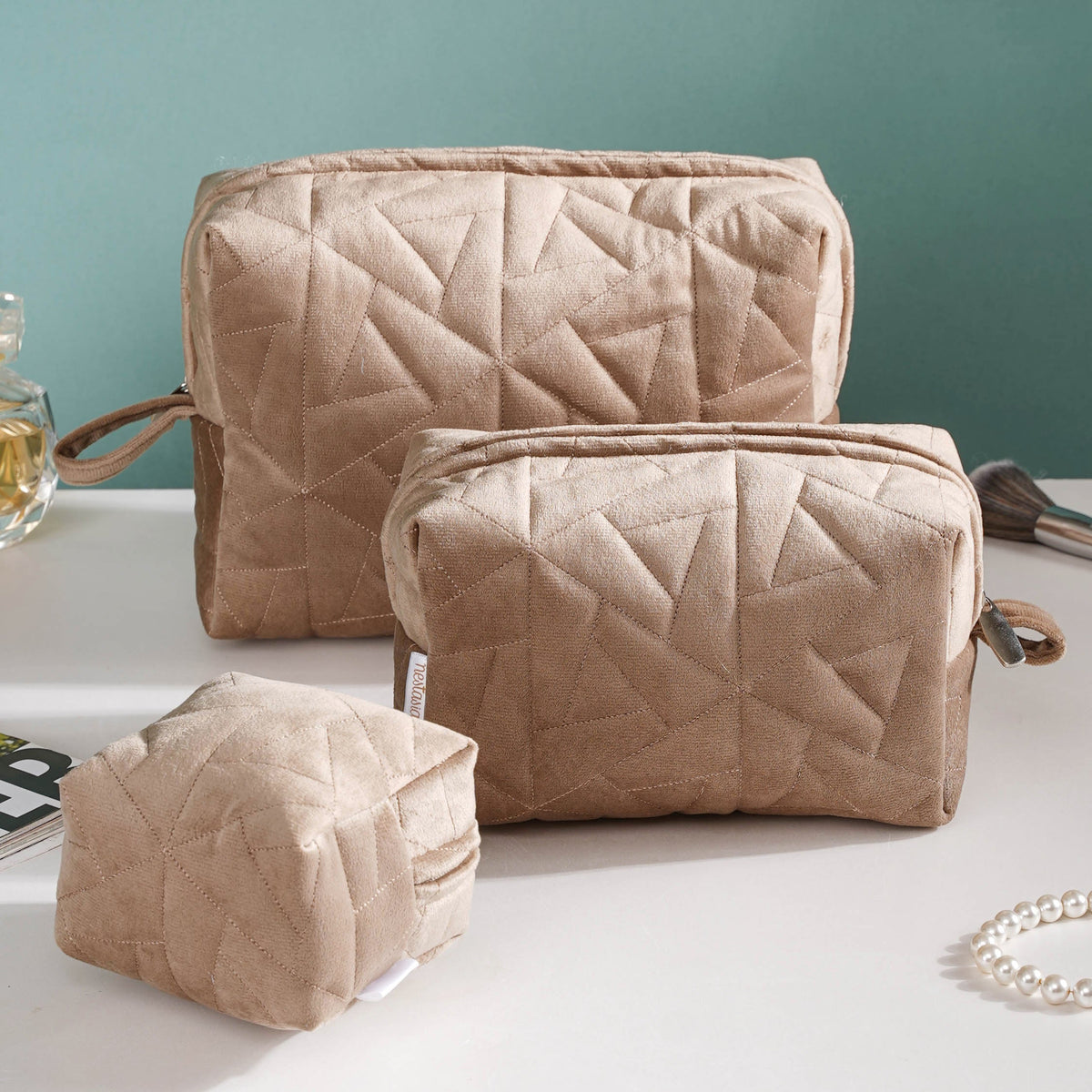 Beige Blossom Vanity Pouch Set Of 3 Nestasia