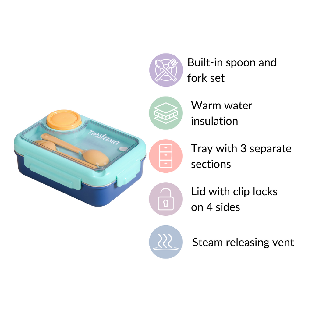 Bento Lunch Box With 3 Compartments Blue 750ml Nestasia