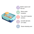 Bento Lunch Box With 3 Compartments Blue 750ml Nestasia