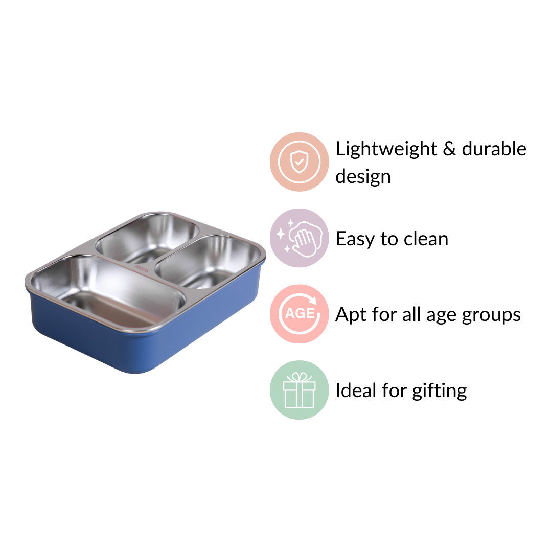 Bento Lunch Box With 3 Compartments Blue 750ml Nestasia